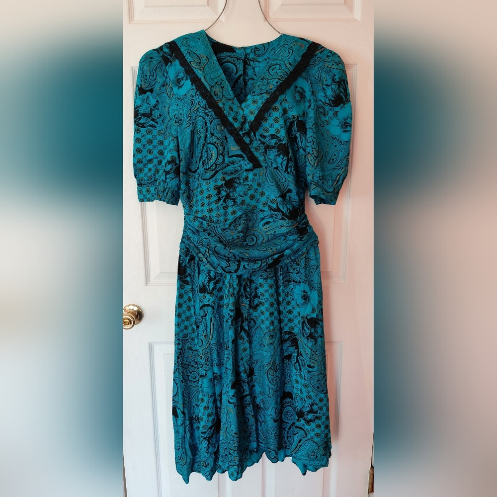 Vtg 80's Milanzo Made In U.S.A Teal Paisley V Neck Midi Dress Size - 13
